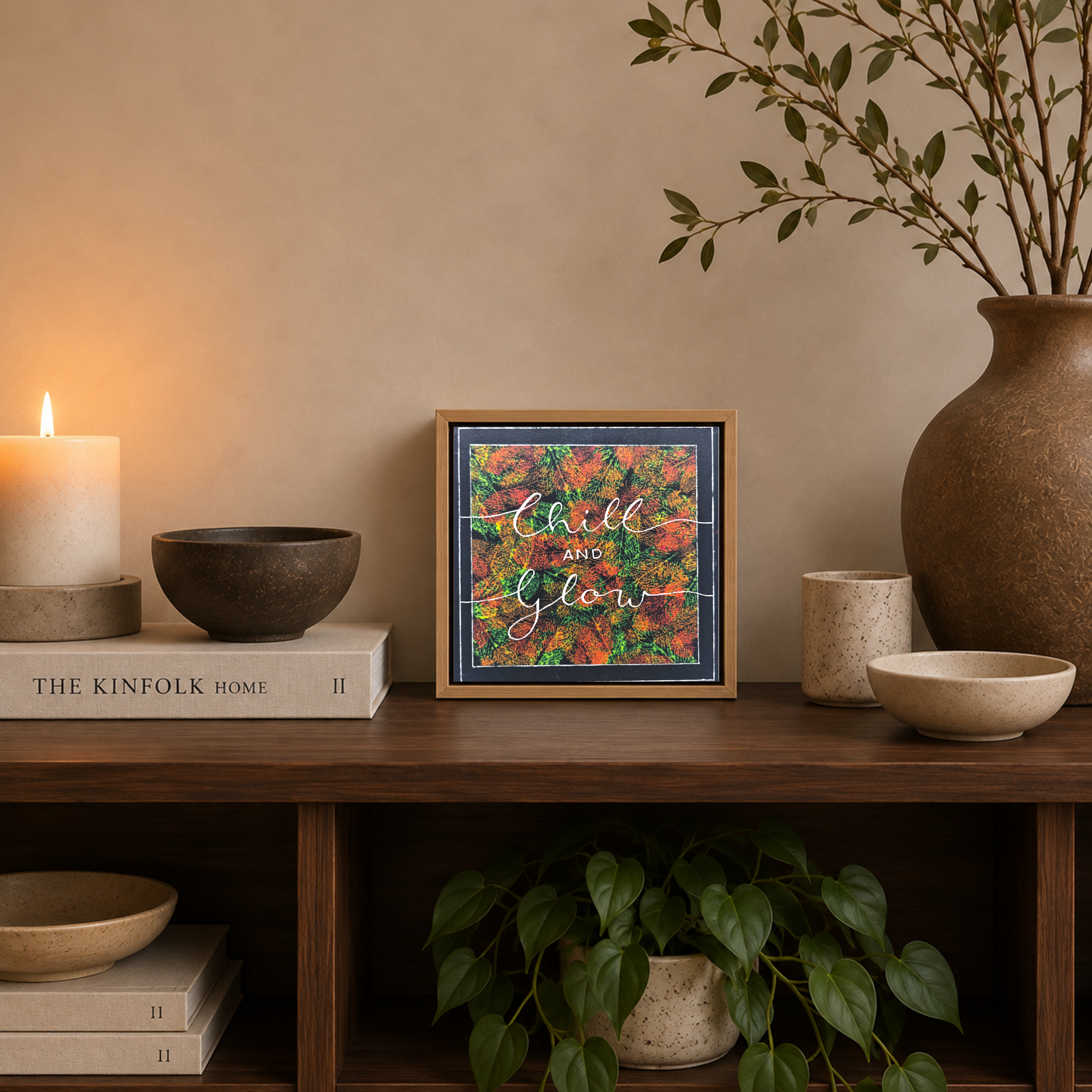 „Chill & Glow“ – Original mit Blattdruck, 20 × 20 cm – Bild 3