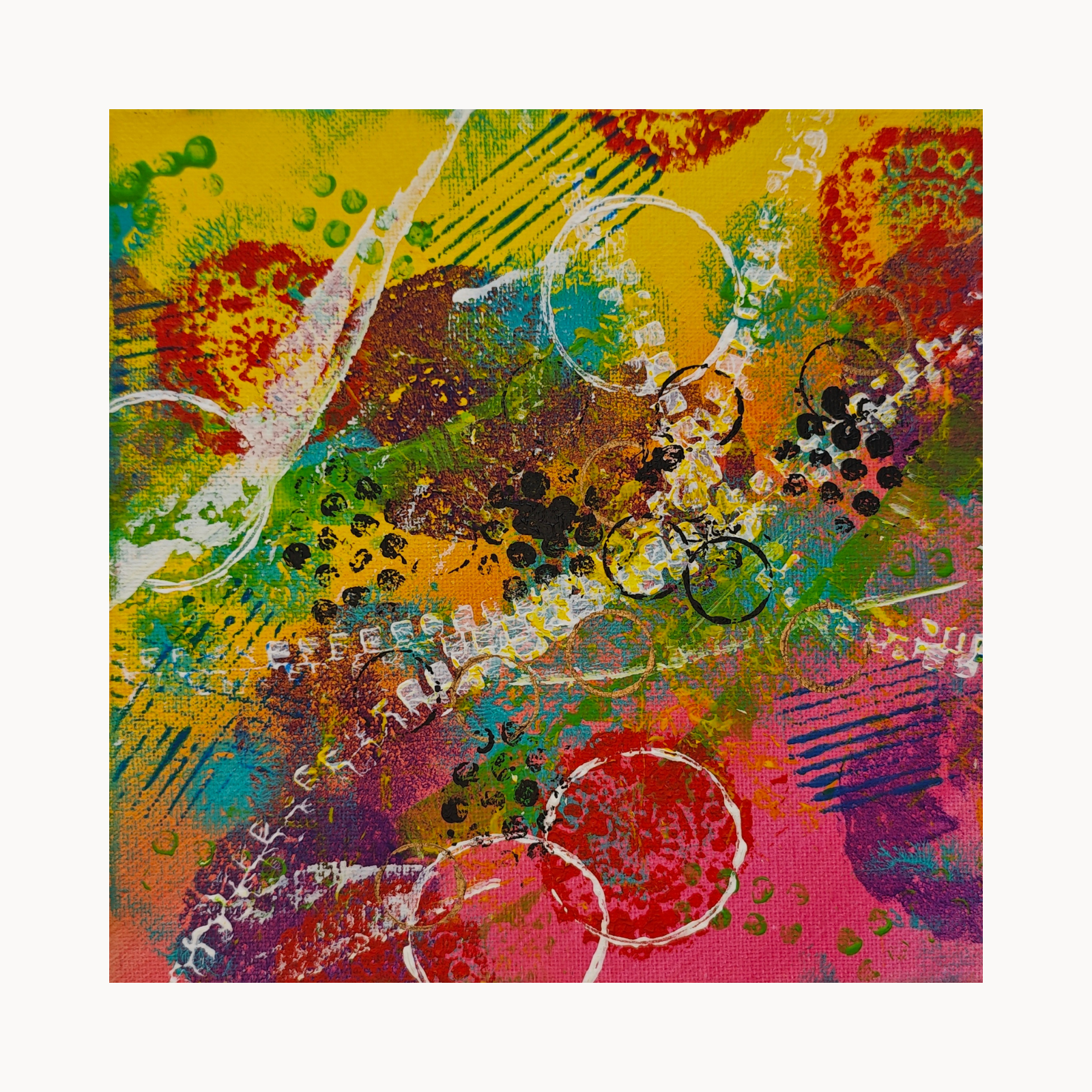 „Color Rush“ – abstraktes Mixed-Media-Original, 20 × 20 cm