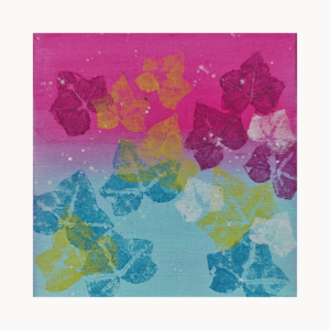 „Color Leaves“ – Original mit Blattdruck in Pink & Türkis, 20 × 20 cm